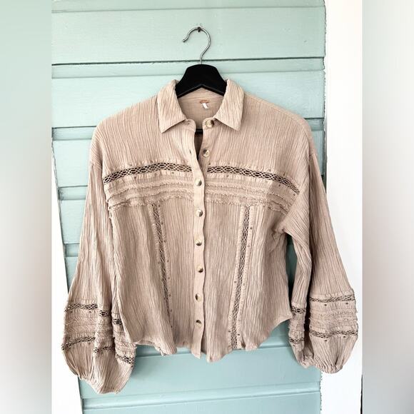 Free People Summer Stars Beige Top Small bottom bohemian balloon sleeve crochet - Picture 2 of 10